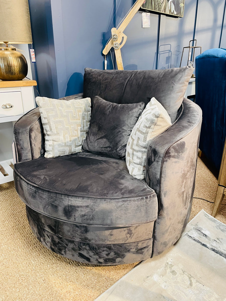 Willow Grey Swivel Snuggle chair Keith Taylor Furniture