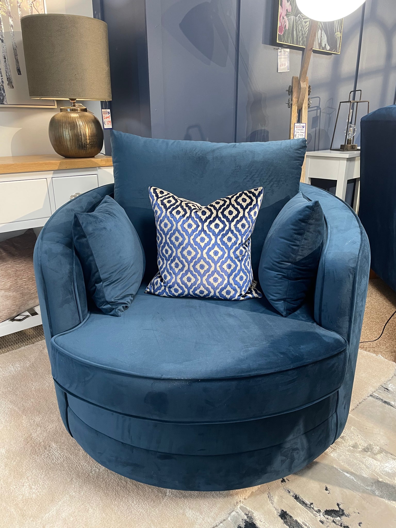 Willow Navy Swivel Snuggle chair Keith Taylor Furniture